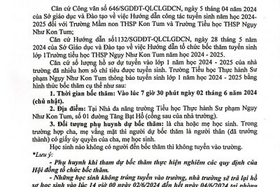 TRƯỜNG TIỂU HỌC THSP NGỤY NHƯ KON TUM THÔNG BÁO VỀ VIỆC TỔ CHỨC BỐC THĂM VÀO LỚP 1 NĂM HỌC 2024-2025